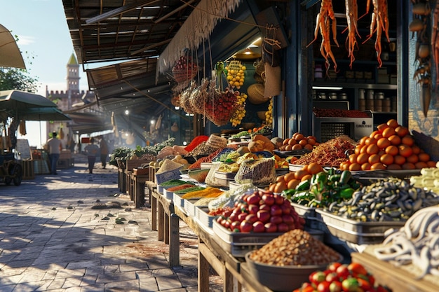 A vibrant street market with stalls selling fresh