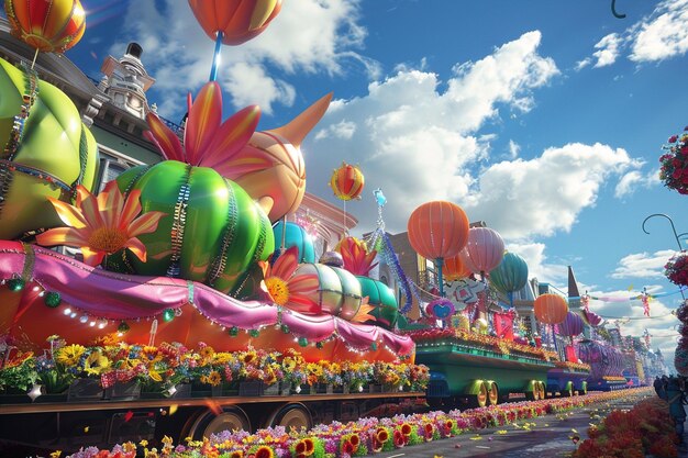 A vibrant street parade with colorful floats