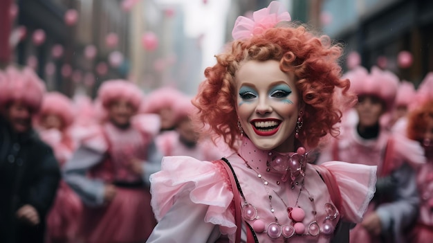 Vibrant street parade with joyful clown pink theme costume party smiling performer in vivid makeup celebration in the city AI