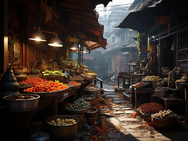 A vibrant street scene in a bustling Asian market