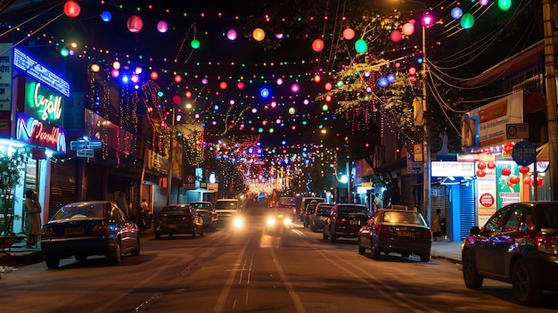 Живая уличная сцена ночью с красочными огнями, висящими над головой. Улица выстроена магазинами, а машины припаркованы по обе стороны.