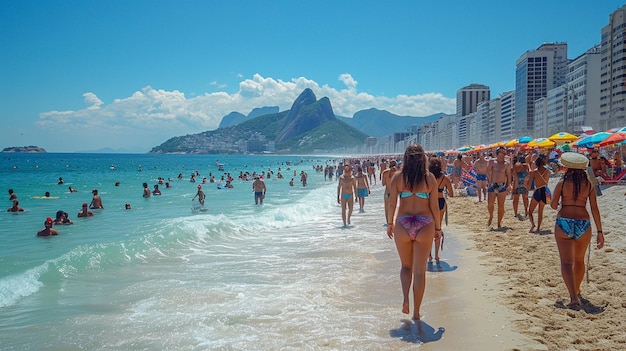 Vibrant street scene in rio de janeiros copacabana with the beach and lively crowds