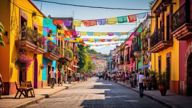 a vibrant street scene with houses decorated in colorful sugar skull motif