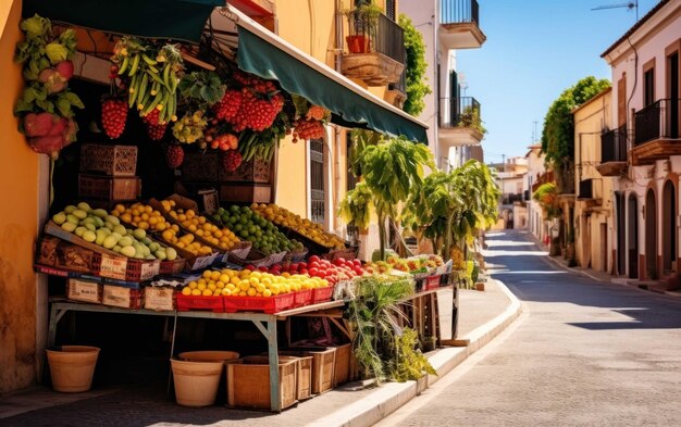 Foto scena stradale vivace con bancarelle che mostrano vari oggetti naturali