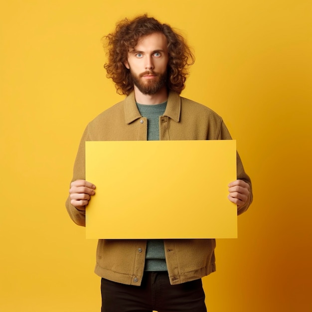 In a vibrant studio with a yellow background a man confidently holds a blank banner for advertising AI Generated