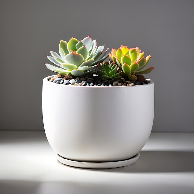 A vibrant succulent and cactus arrangement in a stark white pot Ai Generated