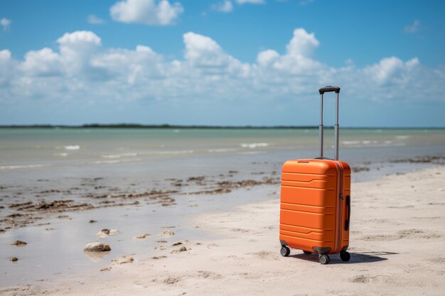 해변에 있는 활기찬 가방은 모험과 휴식을 불러일으키는 여행 프로모션에 완벽합니다.