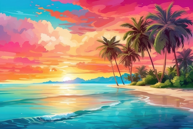 Яркий летний фон с красочным закатом солнца над тропическим пляжем
