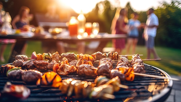 Photo a vibrant summer bbq party scene with the focus on sizzling meats grilling on the barbecue