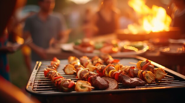 A vibrant summer BBQ party scene with the focus on sizzling meats grilling on the barbecue