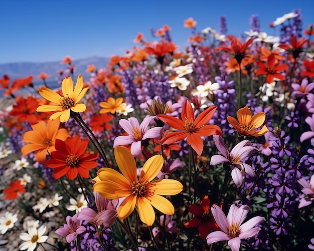 Vibrant summer flowers in full bloom against a clear blue sky