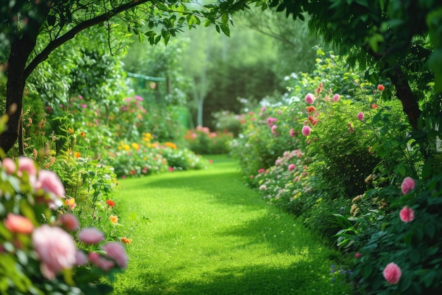 Фото Яркий летний сад, цветы, газон, генерирующий ай.