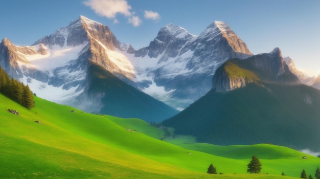 Vibrant Summer Landscape with Lush Green Grass Field and Blue Sky