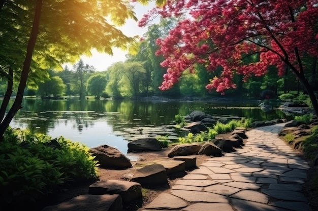 Vibrant summer park landscape with lake and trees