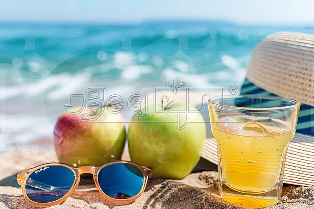 A vibrant summer scene with apple juice sunglasses and a sunhat by the beach