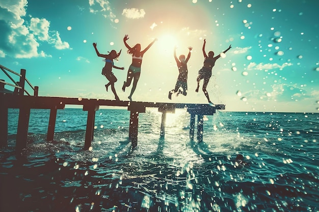 Vibrant summer scene Young friends laughing joyfully leap off a weathered pier into crystalclear wat