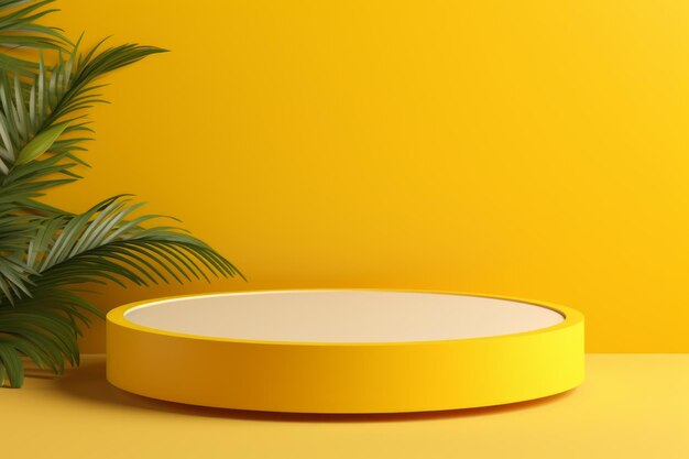 Vibrant summer showcase 3d rendering of yellow podium shelf as empty pedestal display ideal for sh