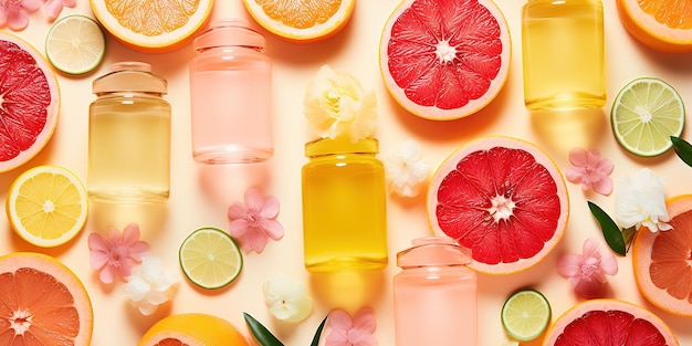 Photo vibrant summer skincare concept top view flat lay of mock up cream bottles jars serum pipette with juicy citrus fruit slices on a pastel colorful
