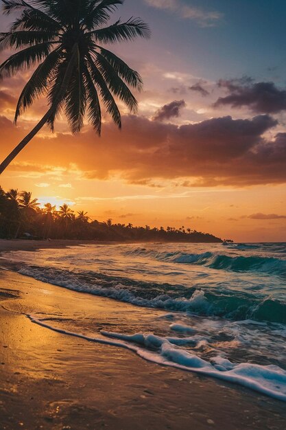 A vibrant summer sunset over a tropical beach with palm trees swaying in the warm breeze and the sound of crashing waves in the background