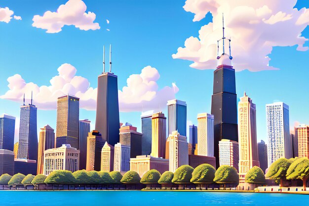 A vibrant sundrenched Chicago skyline with the iconic Willis Tower standing tall in the center