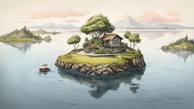 A vibrant sundrenched painting of a small island in the middle of a tranquil lake illustration