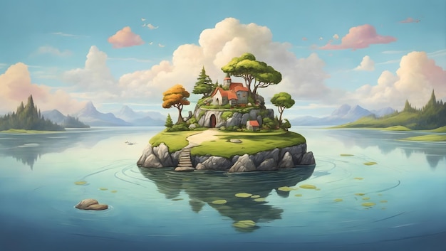 静かな湖の真ん中にある小さな島の活気のある太陽に照らされた絵画