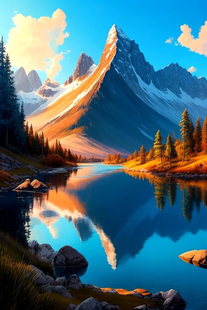 A vibrant sundrenched painting of a tranquil mountain lake AIgenerated