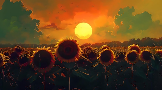 Vibrant sunflower field at sunset with warm glowing sun and sky natures beauty captured in a serene setting perfect for wall art and backgrounds AI