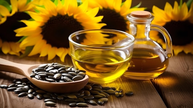 Vibrant Sunflower Oil and Seeds A Glass of Pure Sunflower Oil with Wooden Spoon an