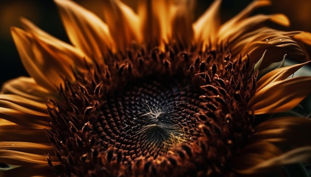 Foto vibrante petalo di girasole giallo e pieno di polline generato dall'intelligenza artificiale