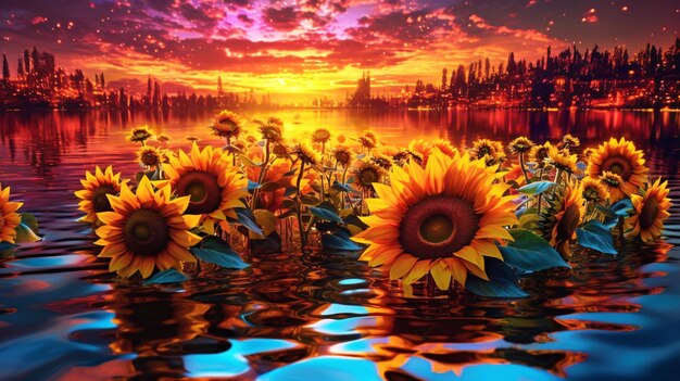 Vibrant sunflowers blooming in a serene water landscape a generative ai masterpiece