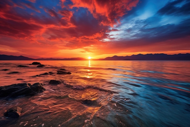 A vibrant sunrise over a calm ocean casting warm hues across the sky