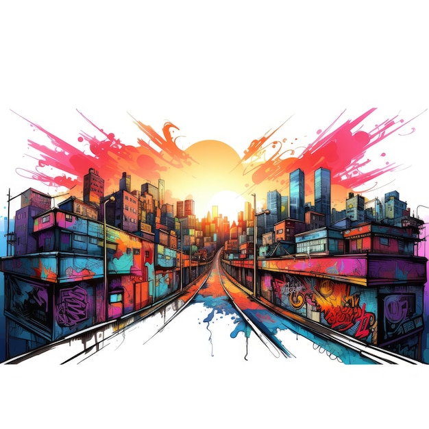 Vibrant Sunrise GraffitiInfused Urban Cityscape against a Pure White Canvas