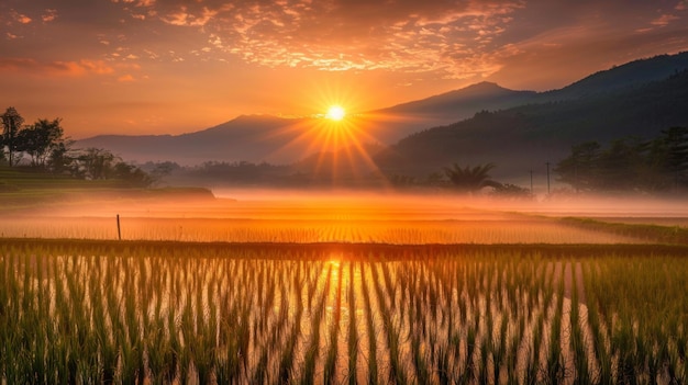 A vibrant sunrise over mistcovered rice fields signaling the start of another day of hard work and dedication for farmers
