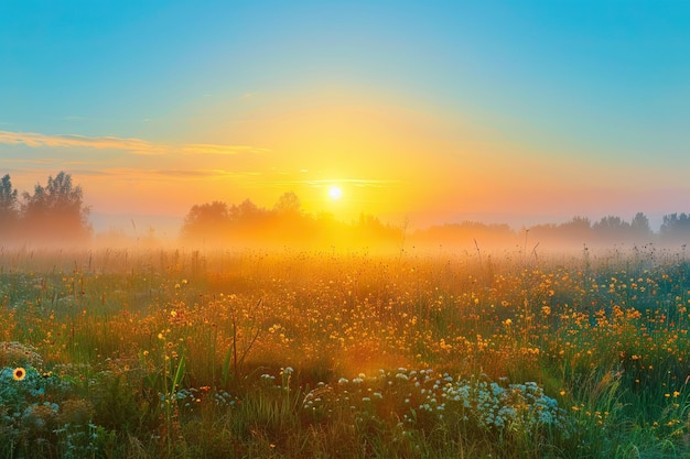 写真 田舎の夏の草原の上に輝く日の出