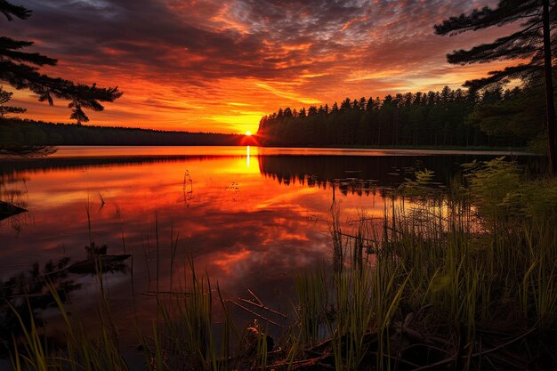 Vibrant Sunset Colors Over Serene Forest Lake