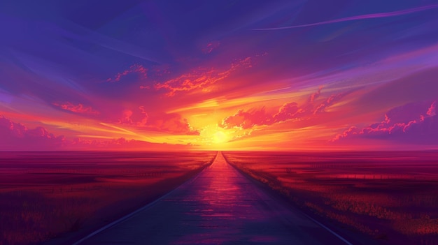 Vibrant sunset over empty road