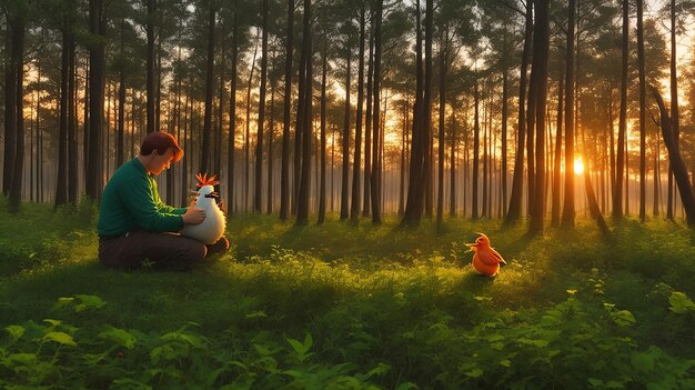 A vibrant sunset illuminates the forest casting a warm green on Sammy and the baby bird