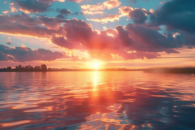 A vibrant sunset over a lake