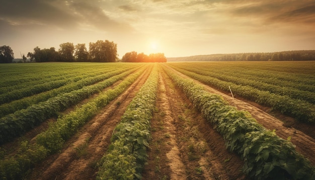 Vibrante crescita organica del prato al tramonto in natura generata dall'intelligenza artificiale