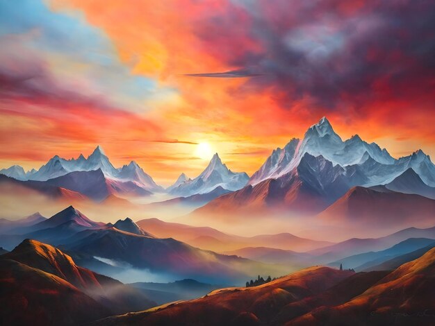 Vibrant Sunset Over Misty Peaks