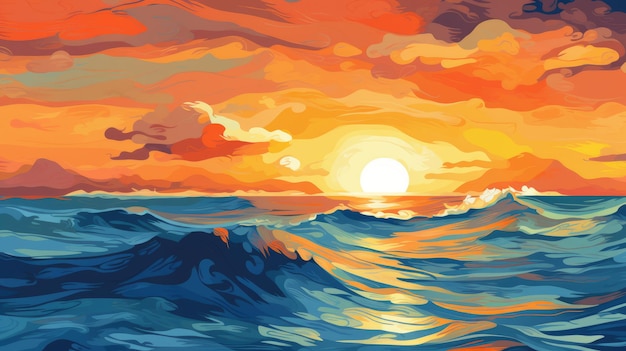 Vibrant sunset ocean painting with ultra detailed mosaic composition