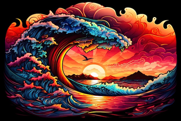 Vibrant Sunset Ocean Wave with Crest Shape