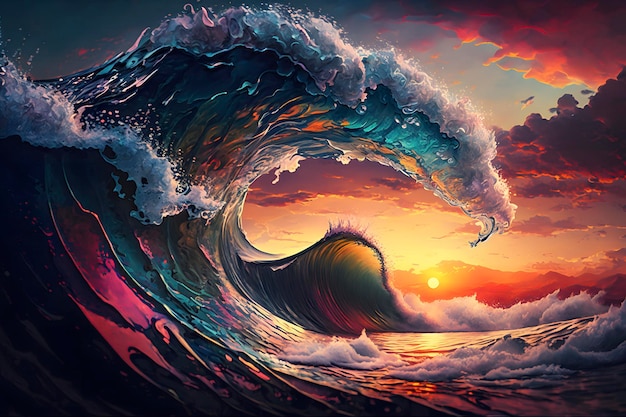 Vibrant Sunset Ocean Wave with Crest Shape