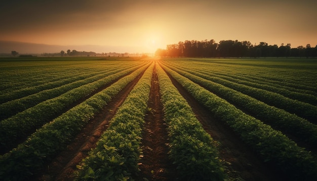 AI によって生成された有機農場の牧草地に沈む鮮やかな夕日