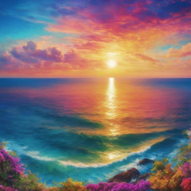 A vibrant sunset painting casting hues over the ocean