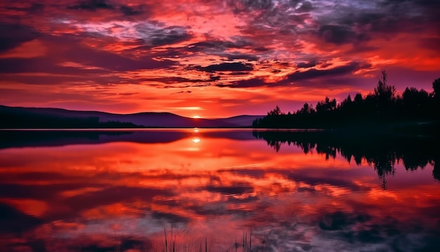 Vibrant sunset reflects tranquil beauty in nature over mountain range generated by AI