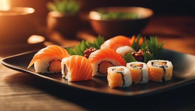 Foto una vivace scena del tramonto con il sushi organizzato in modo creativo su un piatto