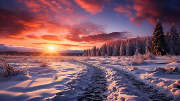 Photo a vibrant sunset over a snowblanketed meadow the sky painted in shades of orange and purple snowf