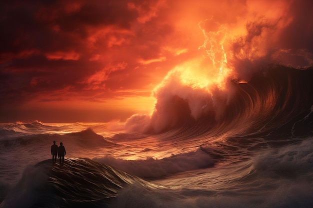 A vibrant sunset over a stormy sea with people Generative ai